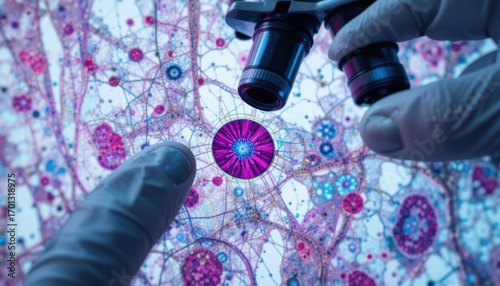 Scientist examining colorful microscopic cells under a laboratory microscope