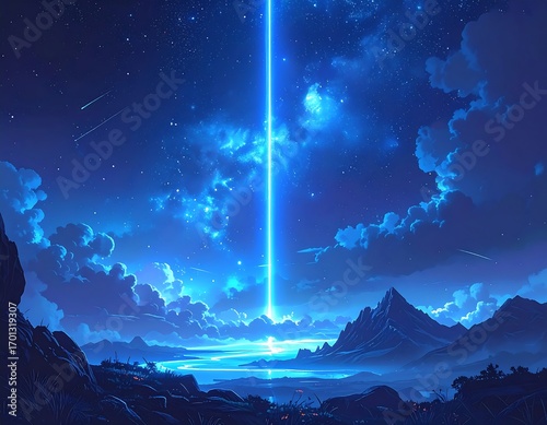 A vibrant, night-sky landscape showcases a luminous beam piercing the clouds, illuminating a serene mountain range by a tranquil lake.