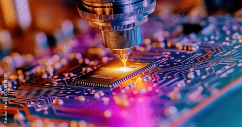  Precision Laser Tool Lighting Up Chip on Circuit Board. Detailed Close-Up for High-Tech Atmosphere. Extreme Ultraviolet Lithography (EUV) Process in AI Chip Manufacturing.