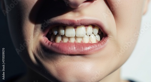 Close-up of clenched teeth, lips pulled back in anger or frustration