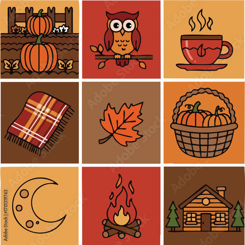 Cozy autumnal illustrations showcasing seasonal elements like pumpkins, leaves, and warm beverages