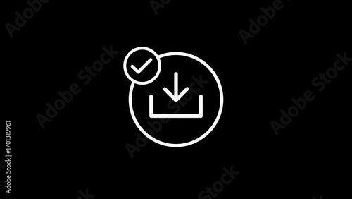 Tableau sur toile White outline download icon with checkmark on black background symbol tick
