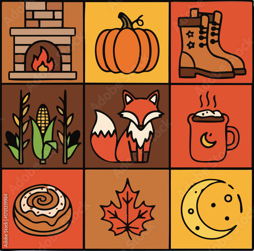 Autumnal Delights: A Cozy Collage of Fall Icons and Seasonal Imagery for Warmth and Harvest