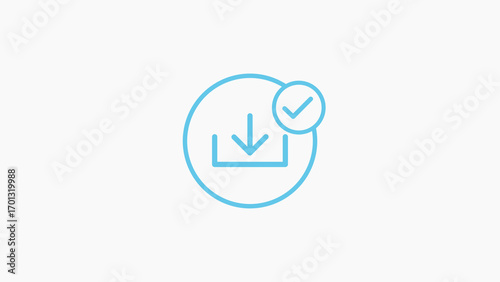 Cyan outline download icon with checkmark on light grey background symbol tick