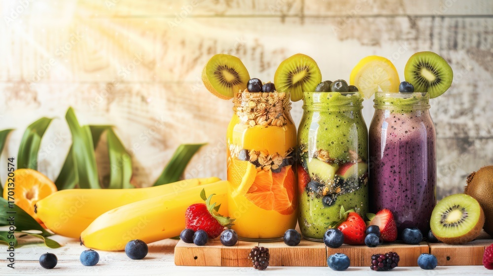Fototapeta premium Colorful Fruit Smoothies in Glass Jars with Fresh Fruit on Wooden Surface