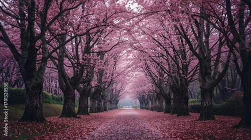 A serene pathway lined with blooming pink cherry blossom trees forming a natural canopy archway in spring