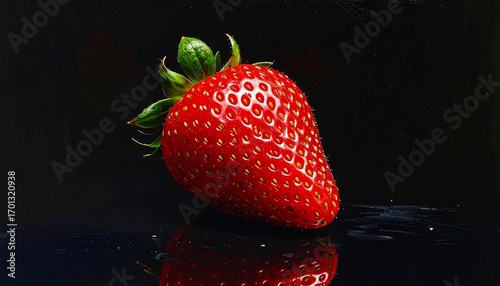 A vibrant, single strawberry sits against a striking black backdrop, showcasing its rich red color and detailed texture.