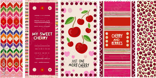 Collection of colorful patterned designs featuring cherries berries and text for sweet treats and summer themes