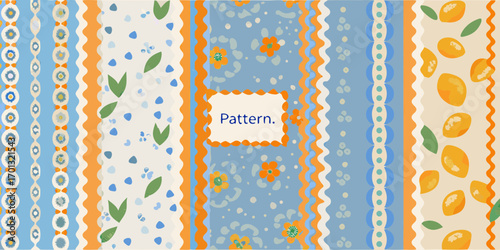 A vibrant collection of colorful seamless patterns featuring floral motifs and abstract shapes