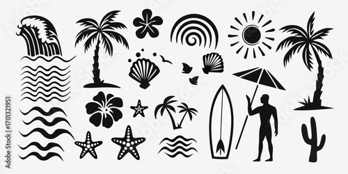 Collection of black silhouette beach and tropical elements including waves palm trees flowers sun and seashells