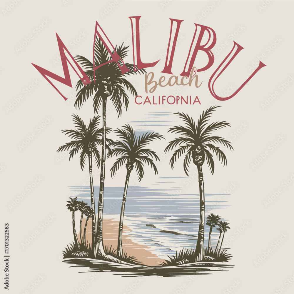 Naklejka premium Retro summer paradise design featuring palm trees on a sandy shore with ocean waves. Graphic vector art for a t-shirt print