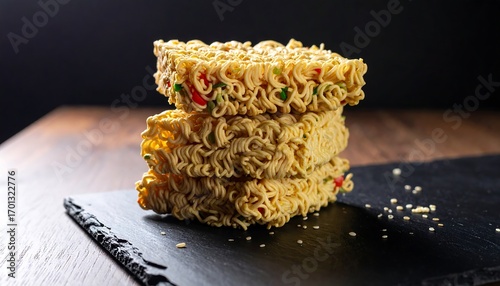 Stack of instant noodles on dark slate, showcasing the golden-yellow hue and savory ingredients.