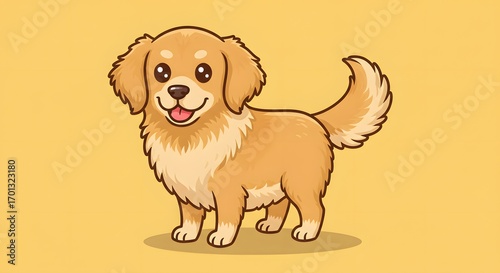 A cartoon golden retriever stands against a yellow backdrop featuring fluffy fur and a smiling expression