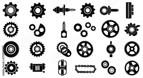 various mechanical gears and components illustrated in black and white