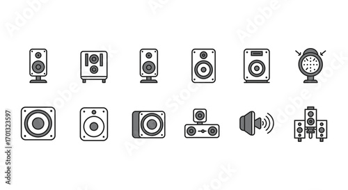 various speaker designs and audio equipment icons displayed