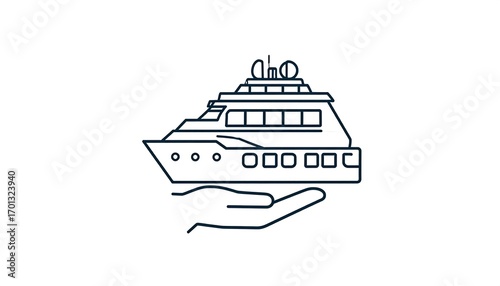 A luxury yacht is gently held in a protective hand against a plain background.