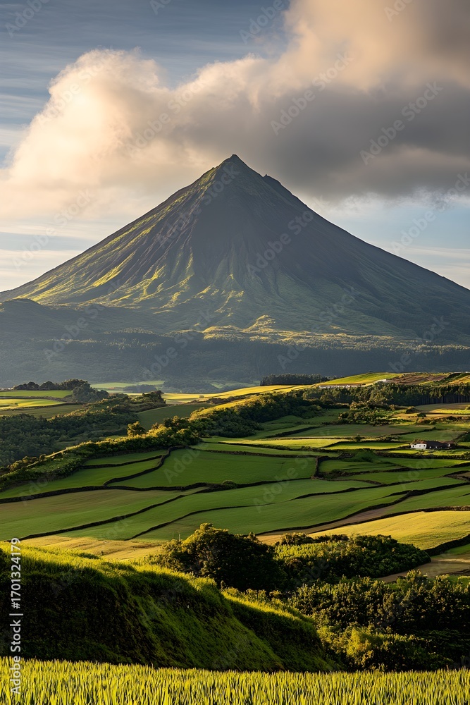 Fototapeta premium Verdant green patchwork fields leading to a majestic volcano