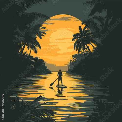 Tranquil paddleboard fishing at dawn in a tropical paradise illustration , vector style simple color