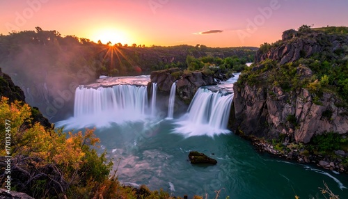 A breathtaking waterfall cascading down rugged cliffs at sunrise, bathed in vibrant colors.