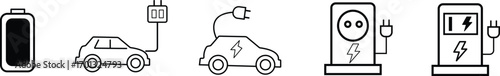 Electric Vehicle Symbols: A collection of illustrative icons representing electric vehicle components including a car, charging station, and battery.