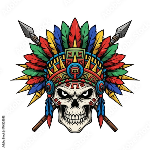 Ancient Warrior Skull with Vibrant Feathered Crown and Weapons