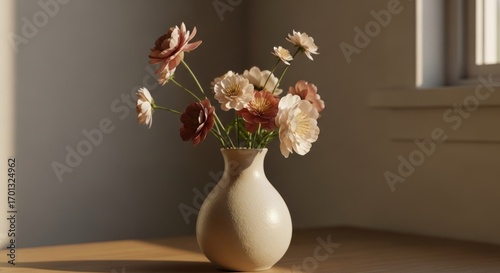 Flowers in a vase on a table with sunlight streaming through a window