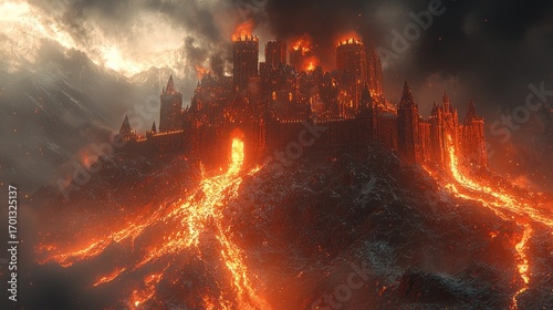 Fiery volcanic eruption engulfing a medieval castle.