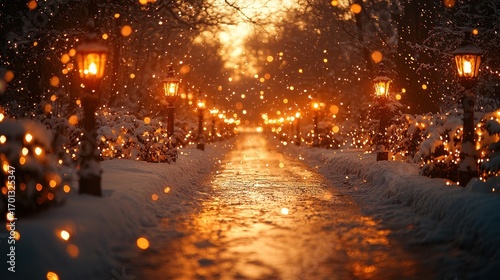 Snowy pathway with warm lights at night.