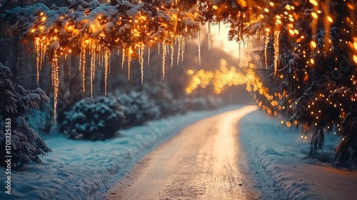Snow-covered path with icy branches and warm fairy lights at sunset.