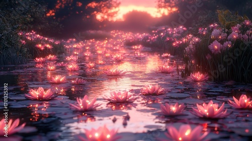 Glowing pink lotus flowers floating on calm water at sunset.