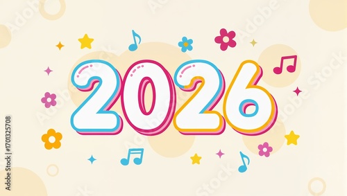 Vibrant 2026 typography design featuring bold pastel numbers surrounded by playful stars, flowers, and music notes upon the light background, creating a cheerful festive mood