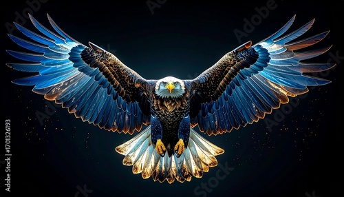 A majestic bald eagle with outstretched wings, showcasing its brilliant blue and gold plumage against a dark, ethereal background.