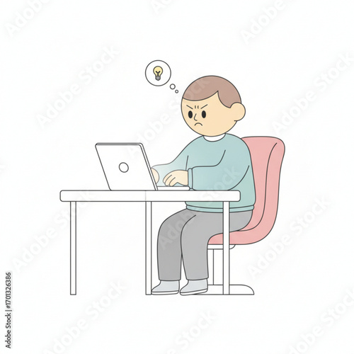 A stressed man sits at his desk, feeling frustrated and confused while working on a laptop, struggling with creative block and a difficult problem