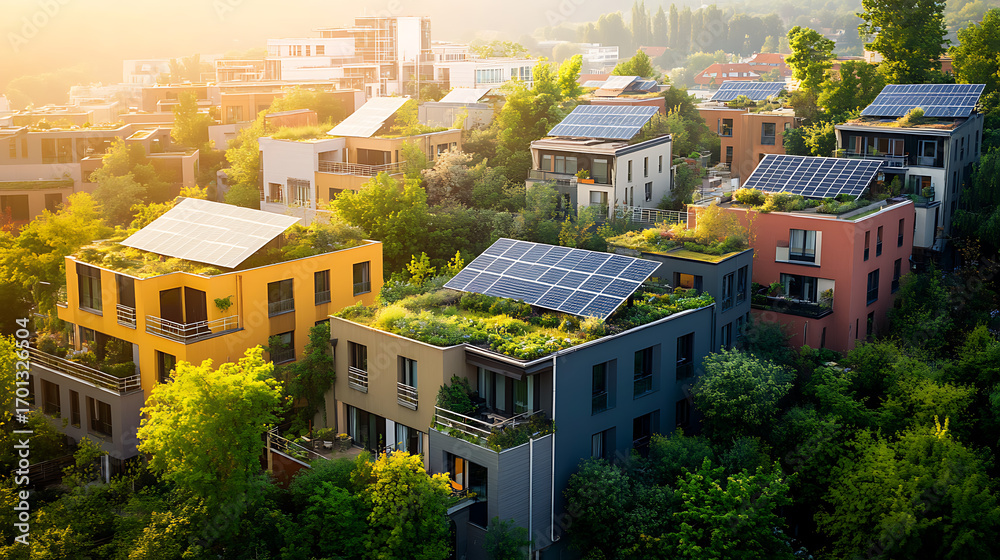 Fototapeta premium Rooftop gardens and solar panels in modern housing projects high resolution picture