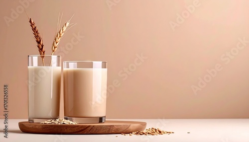 Two Glasses of Plant Based Milk with Wheat and Oats