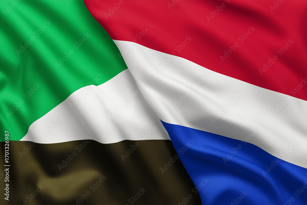 Obraz premium High resolution image of Sudan and South Sudan national flags together, full frame filled with waving fabric texture, clean sharp folds, photorealistic