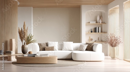 Modern, light-filled living room with natural tones