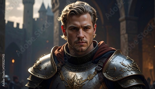 A regal, armored figure stands proudly, showcasing detailed medieval attire and a dramatic castle setting.  The strong lighting and rich color palette create a powerful and imposing image.