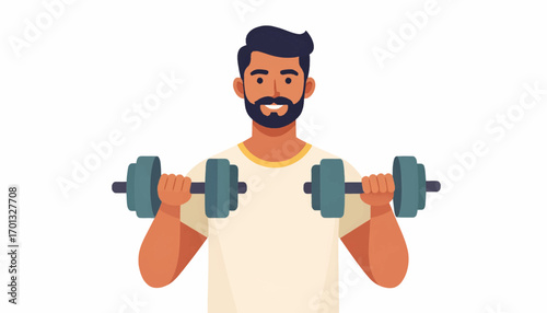 A smiling man actively engages in dumbbell curls, symbolizing a commitment to a healthy and strong lifestyle through personal fitness and regular exercise routines