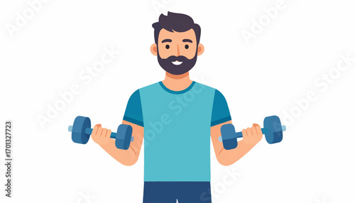 A man with a beard exercising with dumbbells, focusing on bicep curls for arm muscle development and strength training