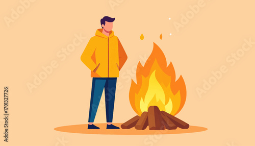 Vector illustration of a man in a yellow jacket standing and warming himself by a bonfire, symbolizing camping and outdoor adventure