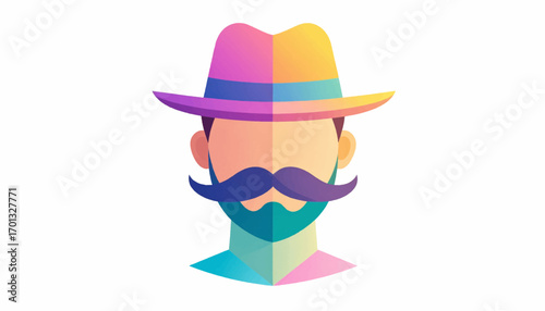 Abstract creative portrait of a man's face featuring a vibrant multicolored gradient with a stylish fedora hat and mustache