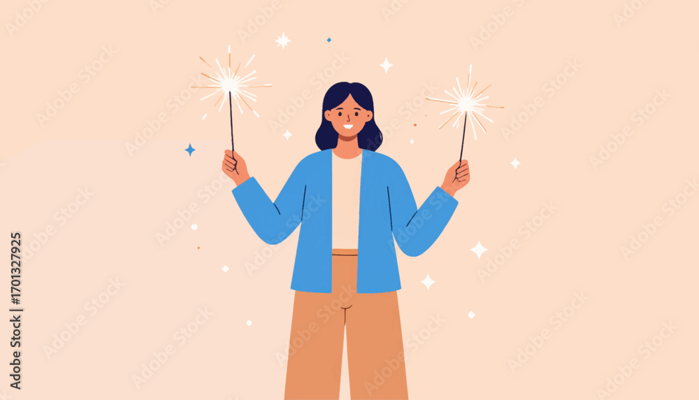 Obraz premium Cheerful illustration of a young woman celebrating with bright sparklers, embodying joy, excitement, and festive spirit for memorable events and positive beginnings
