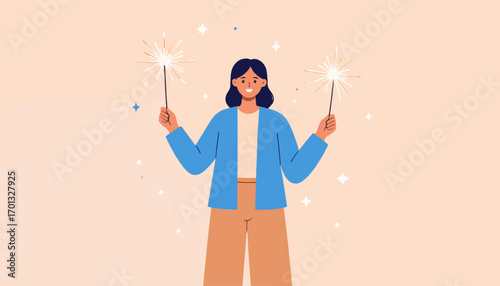 Cheerful illustration of a young woman celebrating with bright sparklers, embodying joy, excitement, and festive spirit for memorable events and positive beginnings