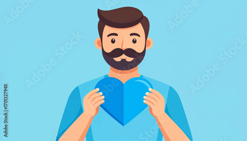 A vector character illustration of a supportive man with a beard expressing kindness and love by holding a blue heart