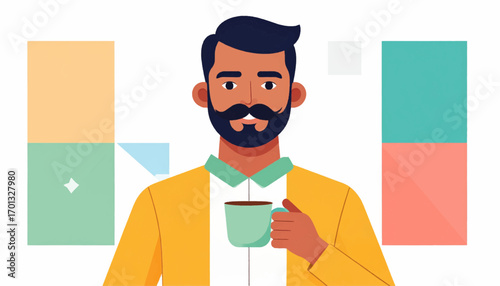 Stylish bearded man enjoying a coffee break at the office, contemporary flat design character illustration for business concepts
