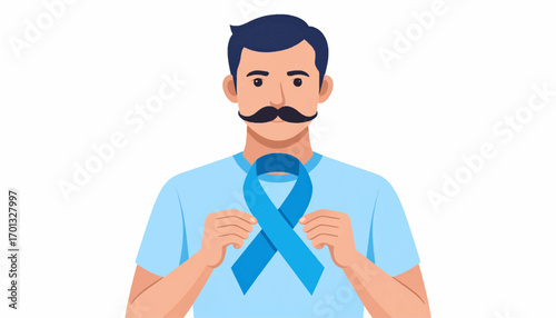 Portrait of a man with a mustache holding a light blue ribbon, symbolizing support for prostate cancer and men's health awareness month
