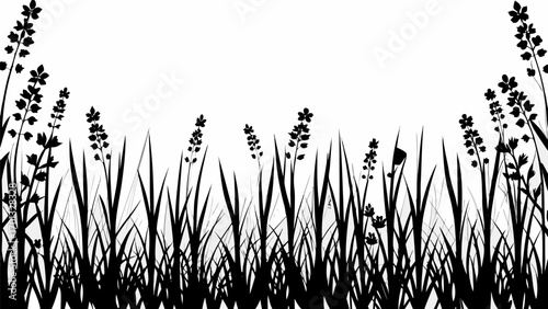 Vector silhouette of grass and flowers against a white background creating a natural and simple composition art