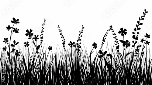 Vector silhouette of grass and flowers against a white background creating a natural and serene landscape scene