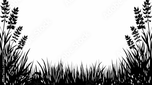 Vector silhouette of grass and plants on both sides with a white background creating a natural border effect design